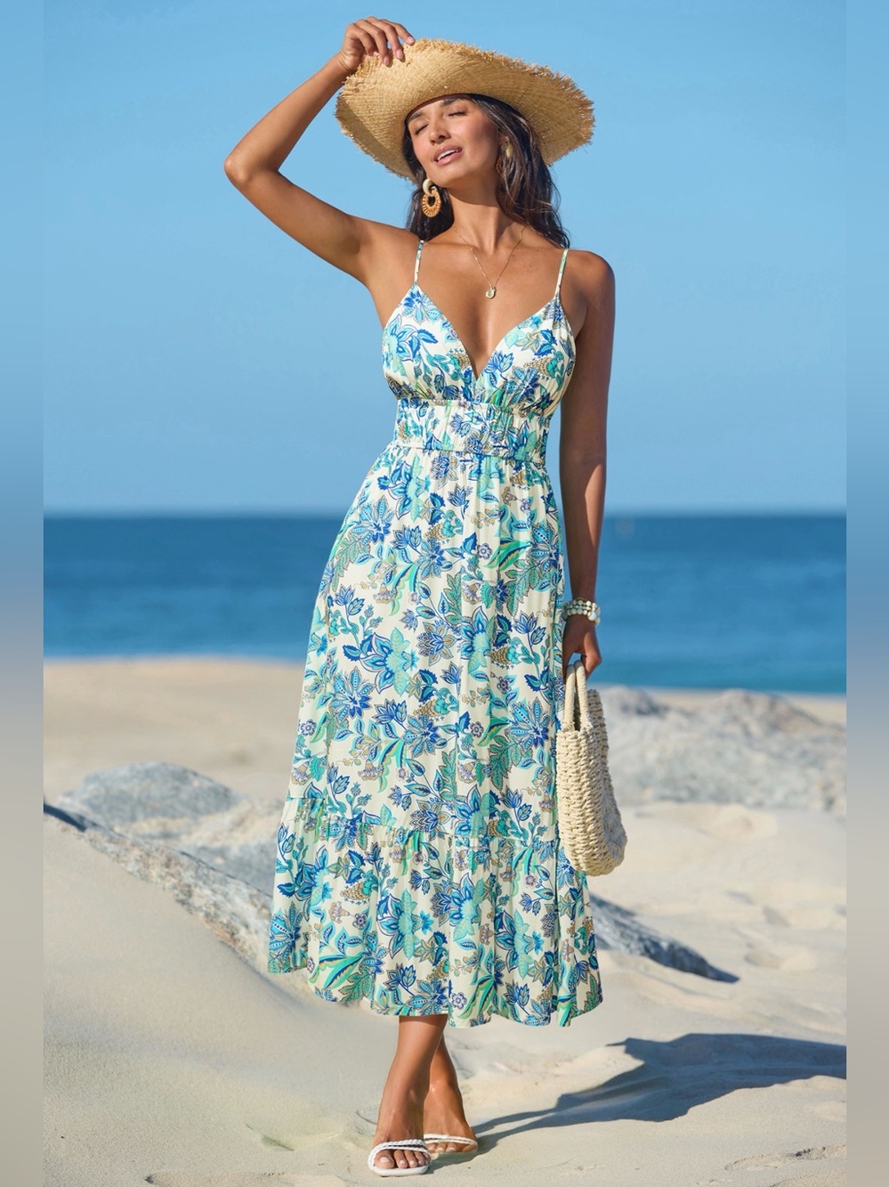 White Blue & Green Floral Spaghetti Strap Ruffle Midi Dress
